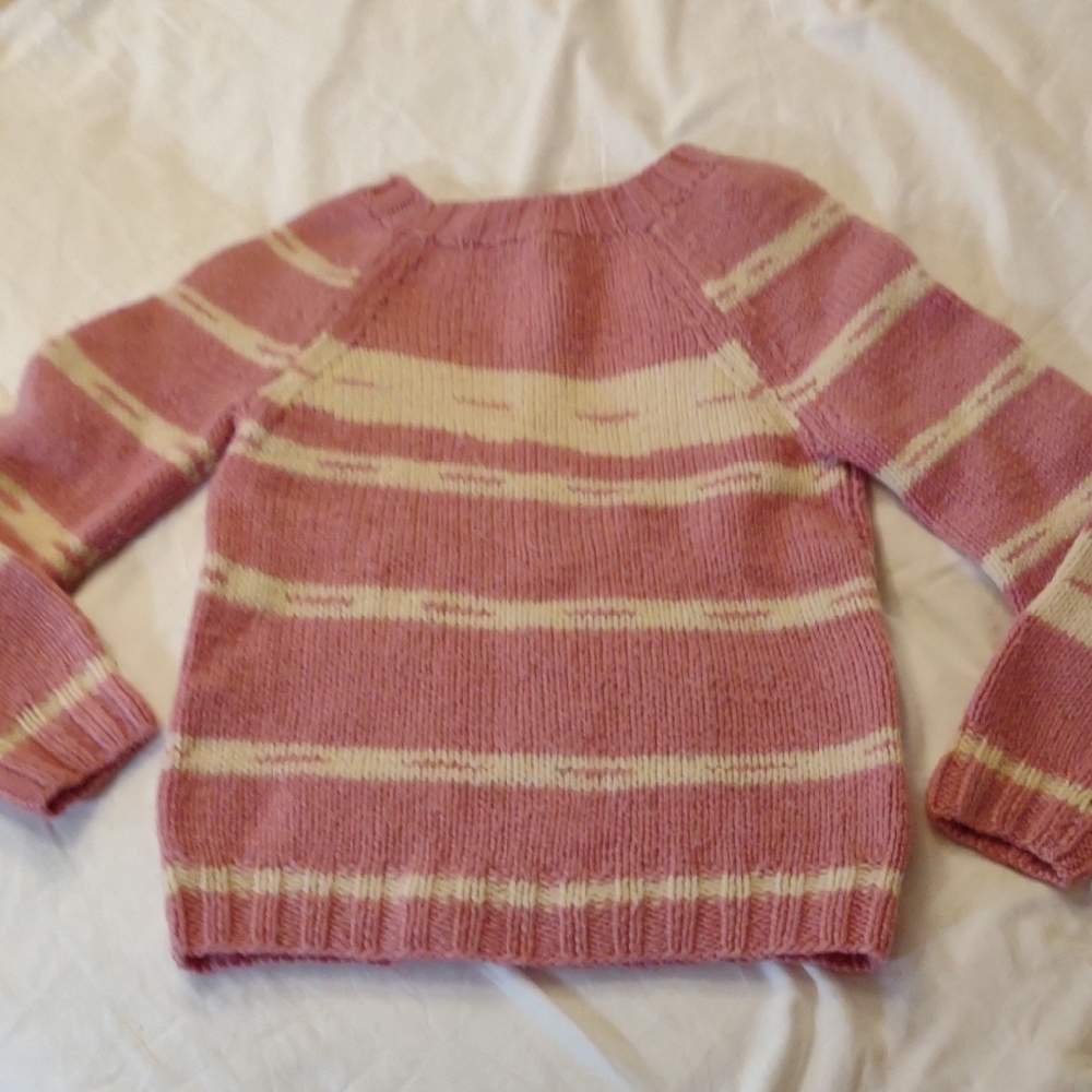 Vintage Hand Crafted Pink & Cream Striped Girl's  Sweater - Size EST L